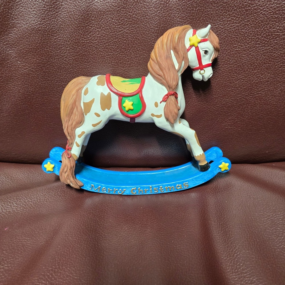 Vintage Rocking Horse Figurine Merry Christmas Blue Base Star Saddle Decor - Picture 3 of 6